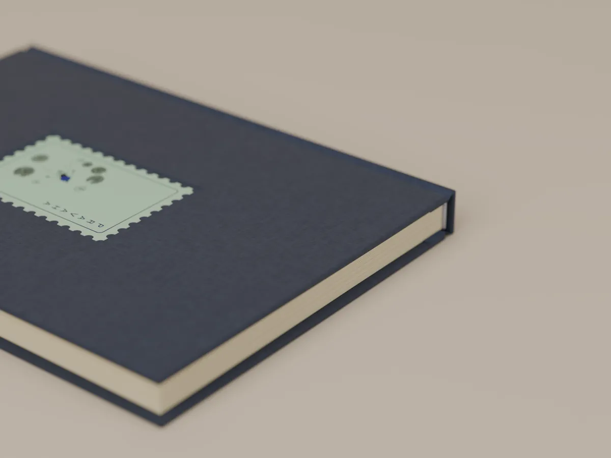The Water notebook's cloth cover, stamp and board edge