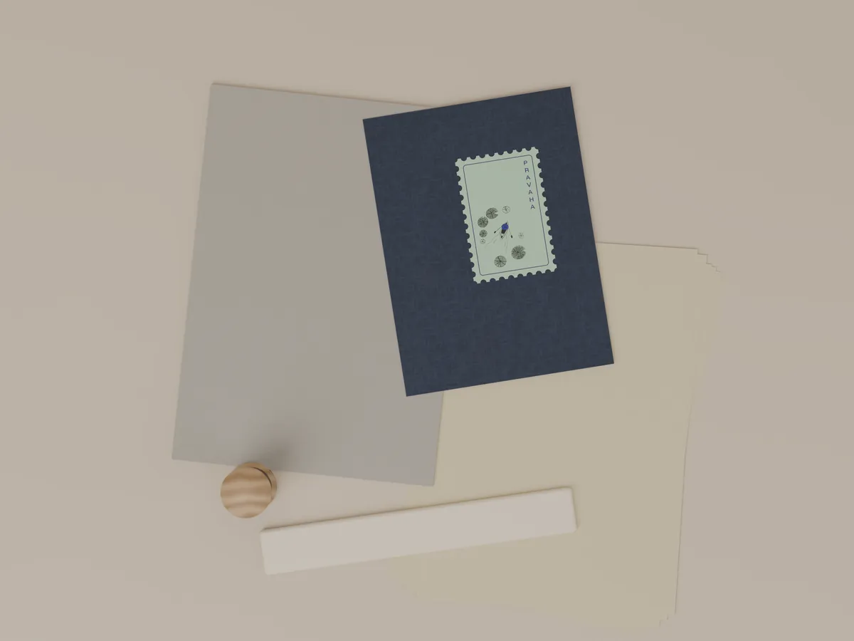 Grey board, the fabric-textured navy cover, uncoated paper, thread and the PRAVAHA stamp